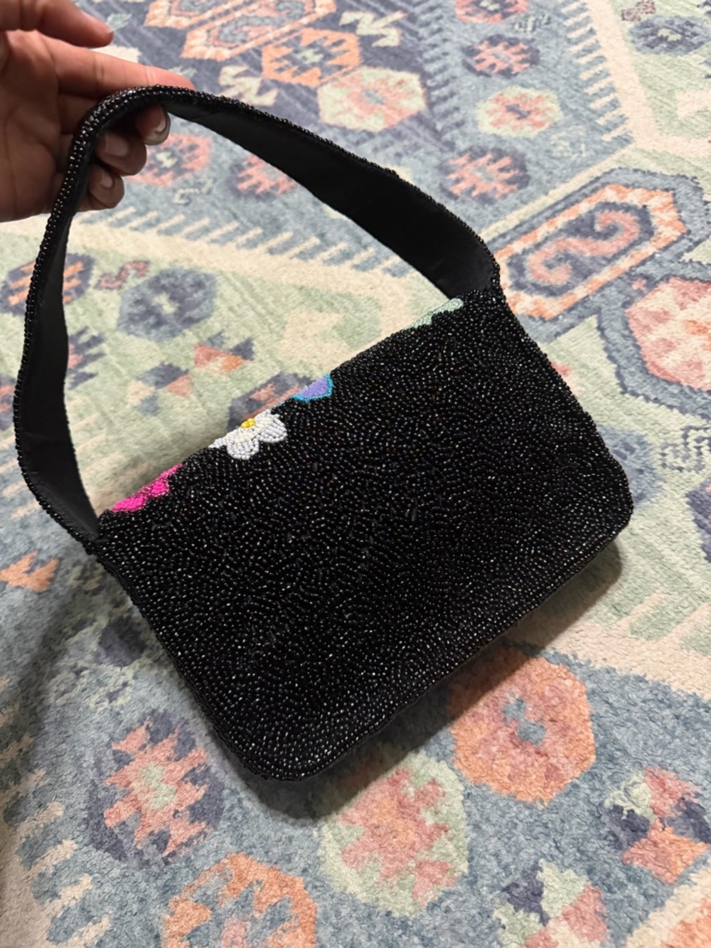 Beaded Floral Black Shoulder Bag with Multicolor Embroidery - Picture 4 of 4